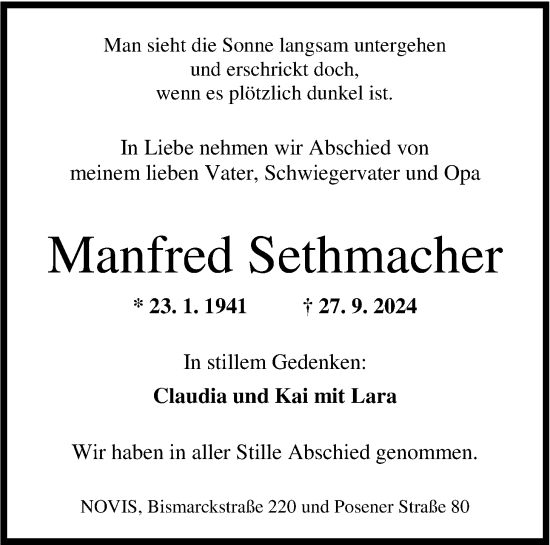 Traueranzeige von Manfred Sethmacher von WZ/JW/AH