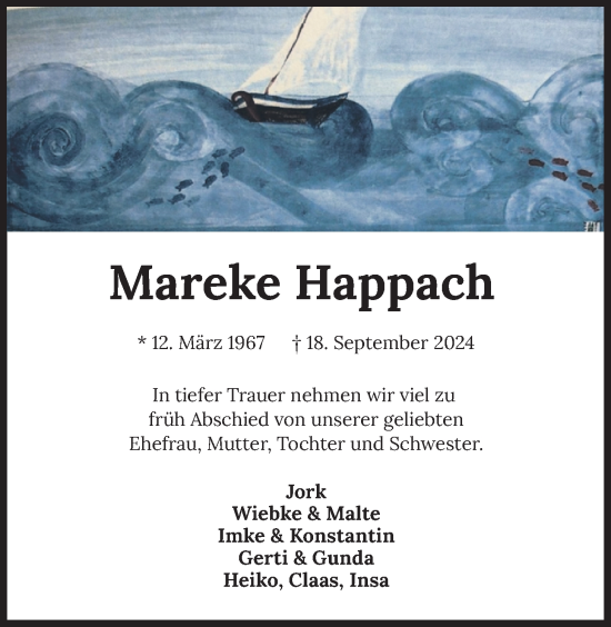Traueranzeige von Mareke Happach von WZ/JW/AH