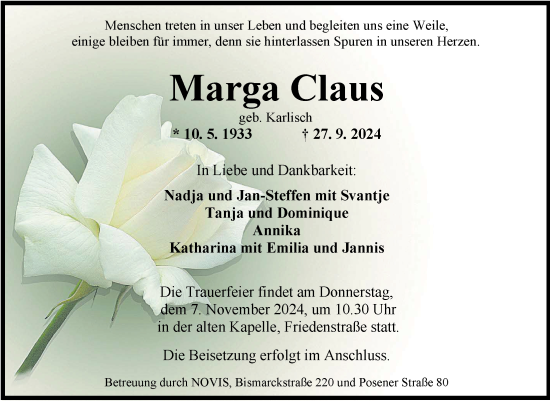 Traueranzeige von Marga Claus von WZ/JW/AH