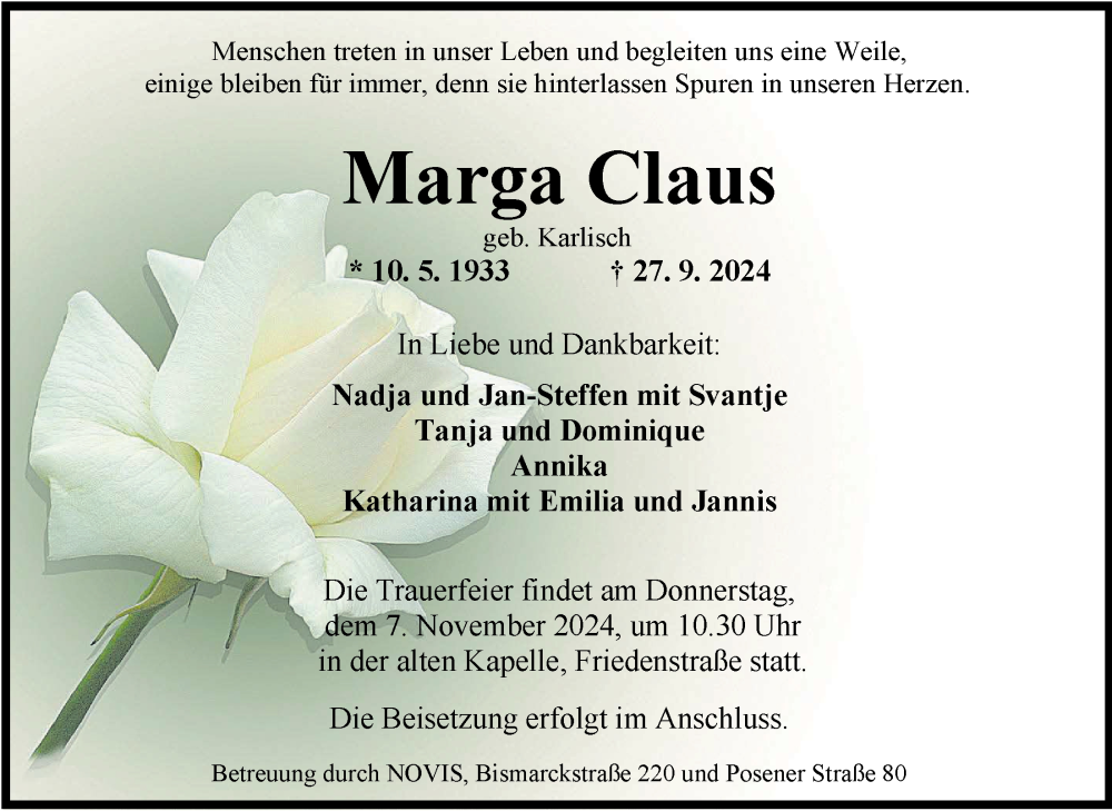  Traueranzeige für Marga Claus vom 26.10.2024 aus WZ/JW/AH