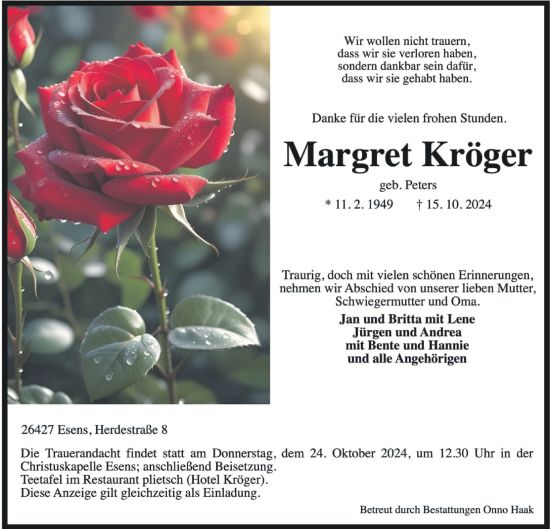 Traueranzeige von Margret Kröger von WZ/JW/AH