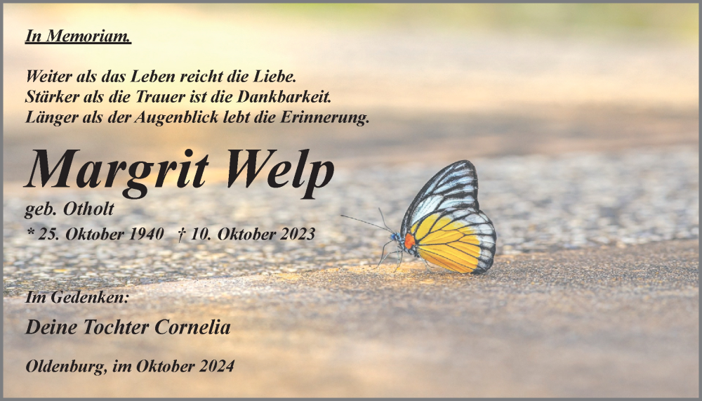  Traueranzeige für Margrit Welp vom 10.10.2024 aus Nordwest-Zeitung
