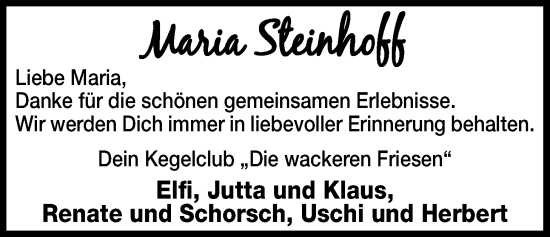 Traueranzeige von Maria Steinhoff von WZ/JW/AH