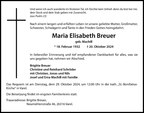 Traueranzeige von Maria Elisabeth Breuer von Nordwest-Zeitung