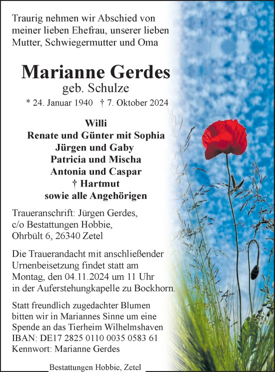 Traueranzeige von Marianne Gerdes von Nordwest-Zeitung