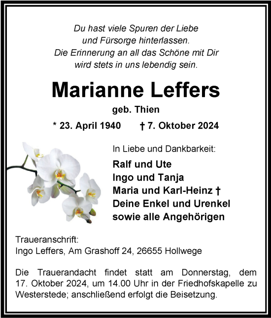 Traueranzeige von Marianne Leffers von Nordwest-Zeitung
