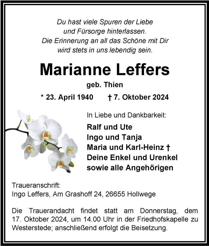  Traueranzeige für Marianne Leffers vom 11.10.2024 aus Nordwest-Zeitung