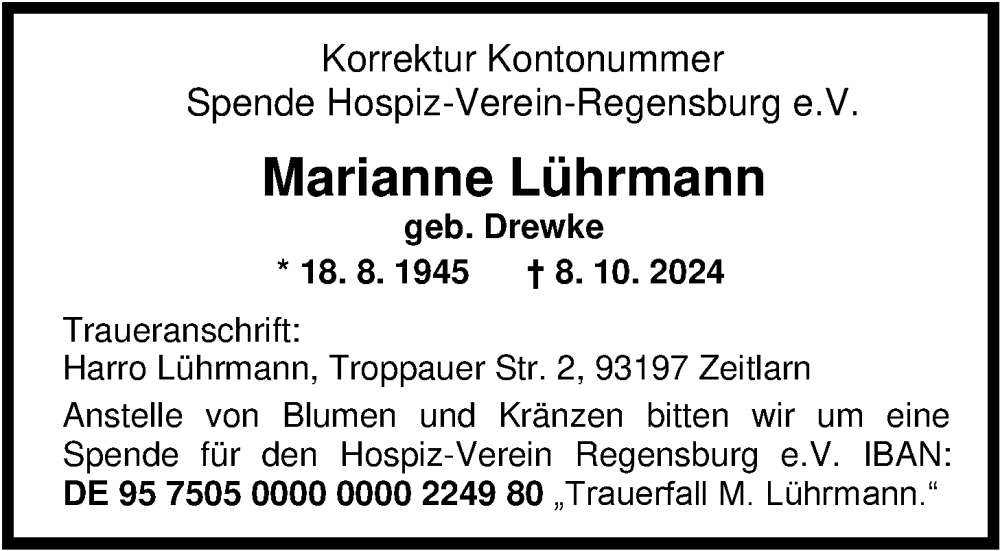  Traueranzeige für Marianne Lührmann vom 22.10.2024 aus Nordwest-Zeitung