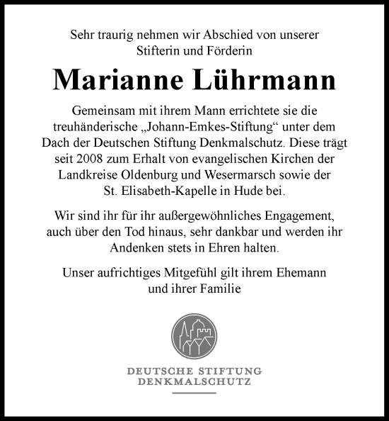 Traueranzeige von Marianne Lührmann von Nordwest-Zeitung