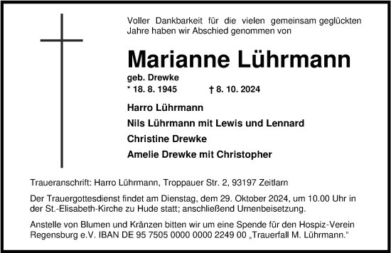 Traueranzeige von Marianne Lührmann von Nordwest-Zeitung