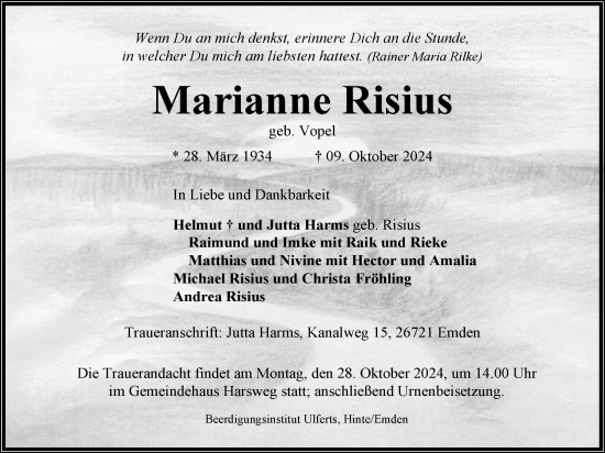 Traueranzeige von Marianne Risius von Emder Zeitung