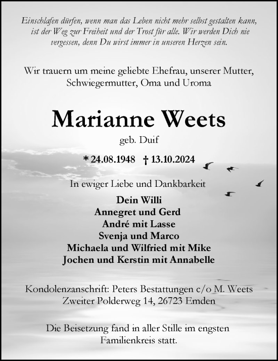 Traueranzeige von Marianne Weets von Emder Zeitung