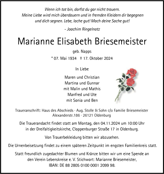 Traueranzeige von Marianne Elisabeth Briesemeister von Nordwest-Zeitung