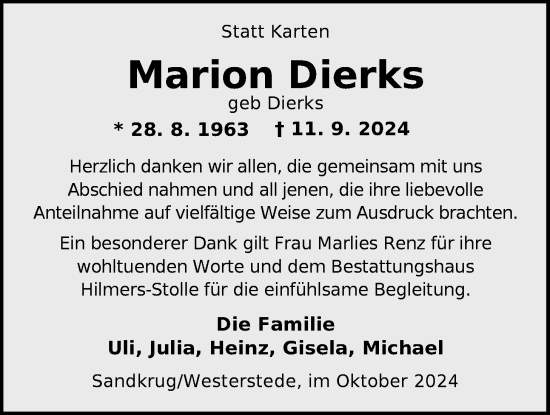 Traueranzeige von Marion Dierks von Nordwest-Zeitung