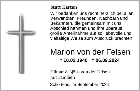 Traueranzeige von Marion von der Felsen von WZ/JW/AH