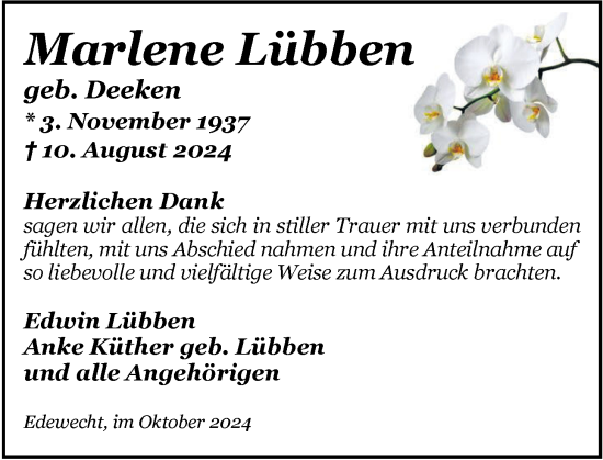 Traueranzeige von Marlene Lübben von Nordwest-Zeitung