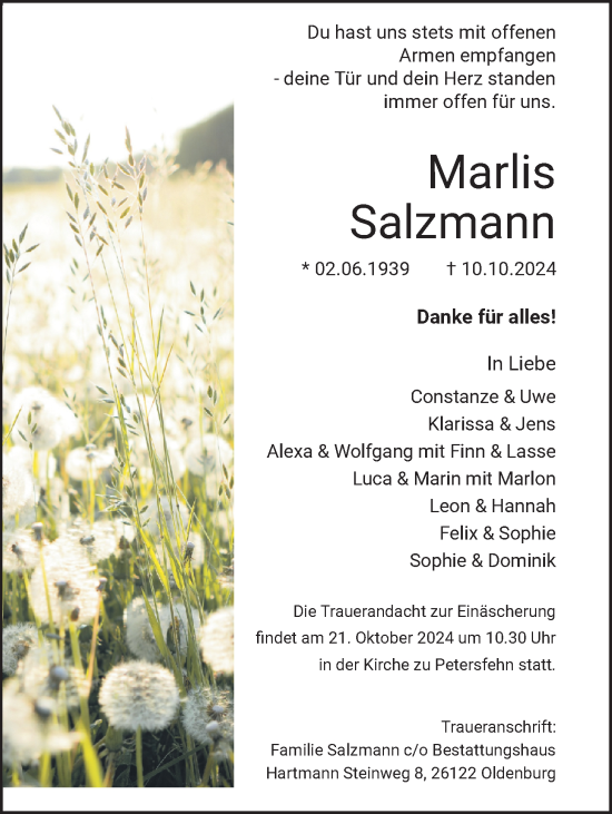 Traueranzeige von Marlis Salzmann von Nordwest-Zeitung