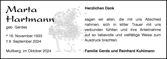 Traueranzeige von Marta Hartmann von WZ/JW/AH