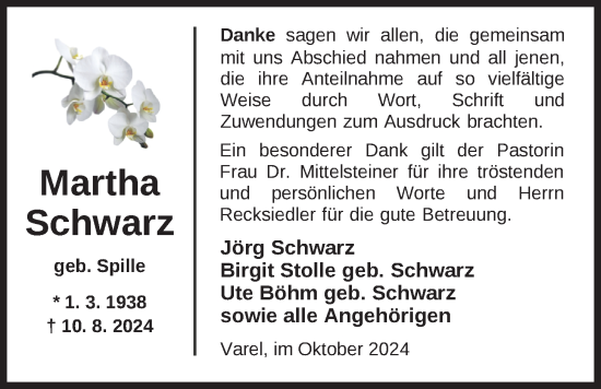 Traueranzeige von Martha Schwarz von Nordwest-Zeitung