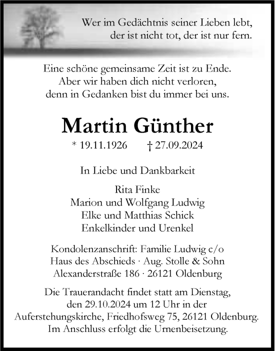 Traueranzeige von Martin Günther von Nordwest-Zeitung