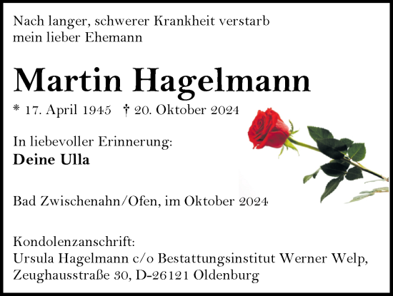 Traueranzeige von Martin Hagelmann von Nordwest-Zeitung