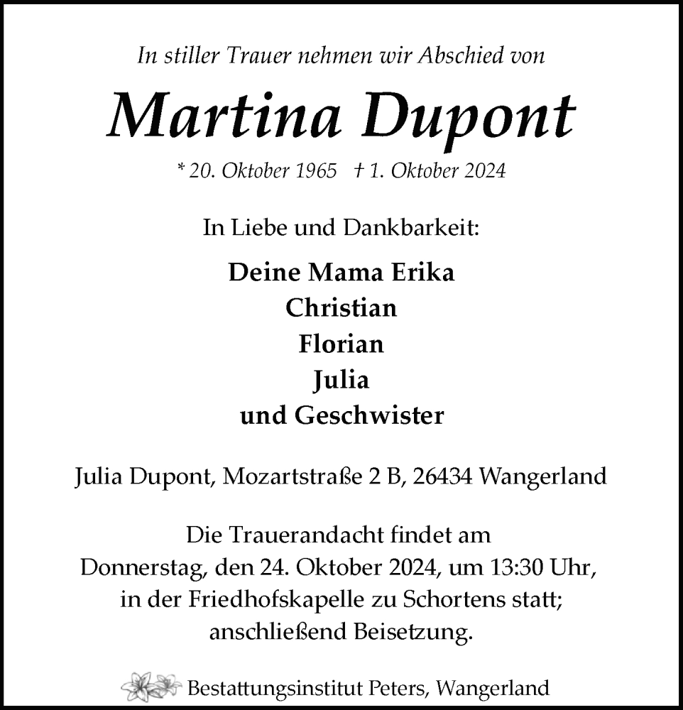  Traueranzeige für Martina Dupont vom 16.10.2024 aus WZ/JW/AH
