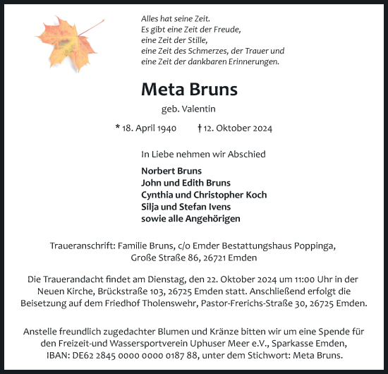 Traueranzeige von Meta Bruns von Emder Zeitung