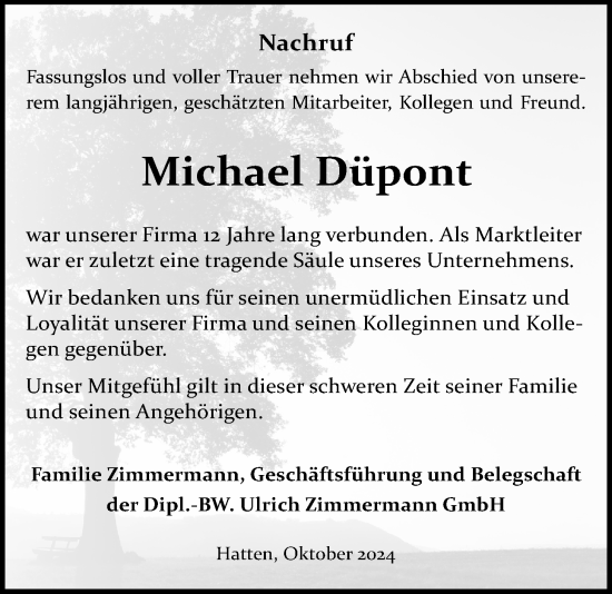 Traueranzeige von Michael Düpont von Nordwest-Zeitung