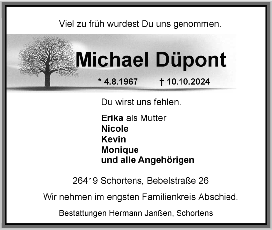 Traueranzeige von Michael Düpont von WZ/JW/AH