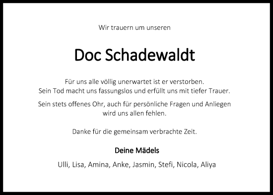 Traueranzeige von Michael Schadewaldt von WZ/JW/AH
