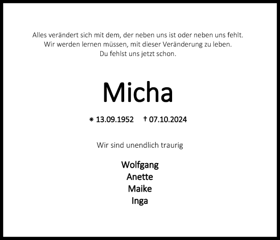 Traueranzeige von Michael Schadewaldt von WZ/JW/AH