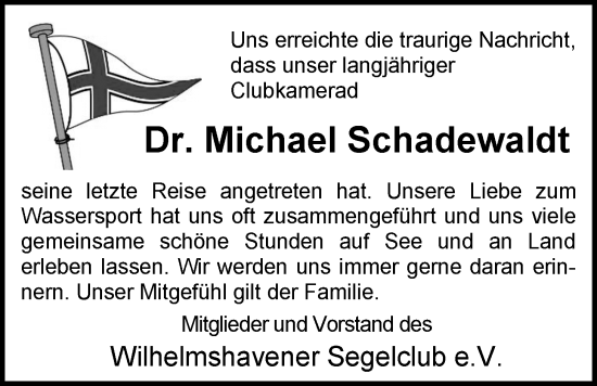 Traueranzeige von Michael Schadewaldt von WZ/JW/AH