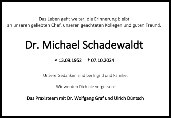 Traueranzeige von Michael Schadewaldt von WZ/JW/AH