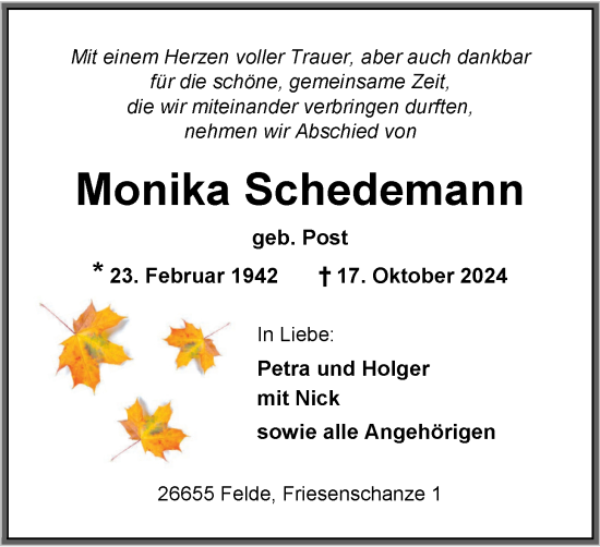 Traueranzeige von Monika Schedemann von Nordwest-Zeitung