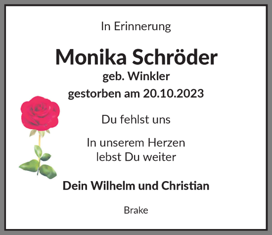 Traueranzeige von Monika Schröder von Nordwest-Zeitung