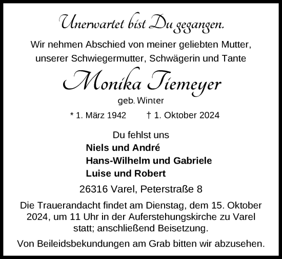 Traueranzeige von Monika Tiemeyer von Nordwest-Zeitung