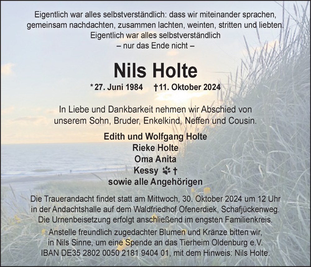  Traueranzeige für Nils Holte vom 26.10.2024 aus Nordwest-Zeitung
