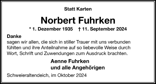 Traueranzeige von Norbert Fuhrken von Nordwest-Zeitung