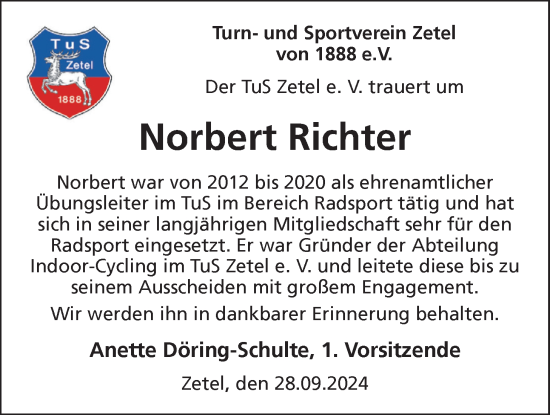 Traueranzeige von Norbert Richter von Nordwest-Zeitung