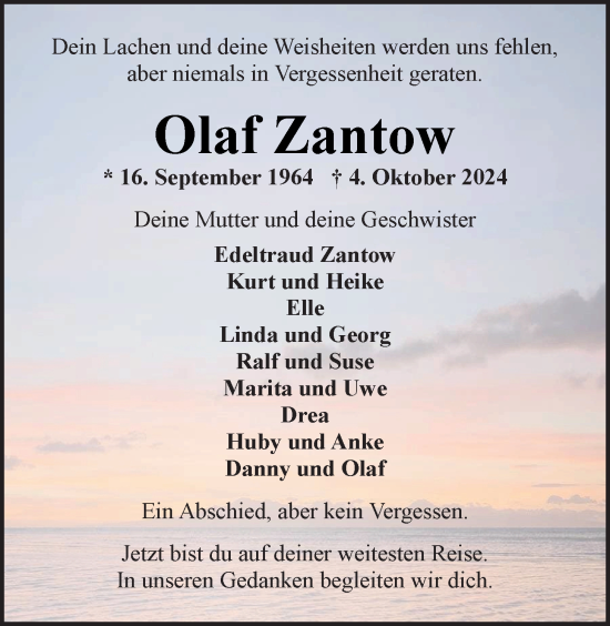 Traueranzeige von Olaf Zantow von Nordwest-Zeitung