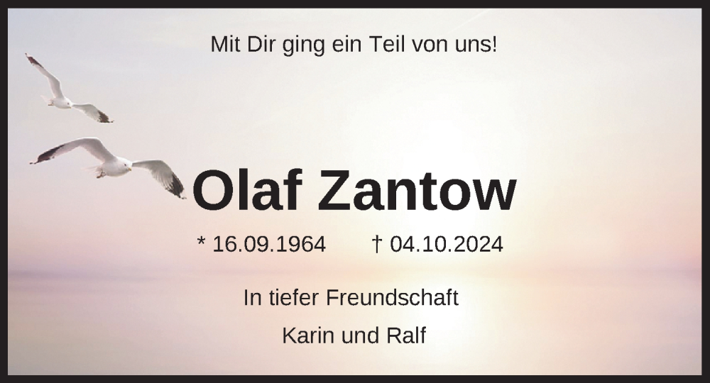  Traueranzeige für Olaf Zantow vom 19.10.2024 aus Nordwest-Zeitung