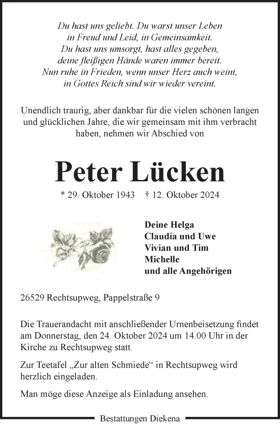 Traueranzeige von Peter Lücken von Emder Zeitung