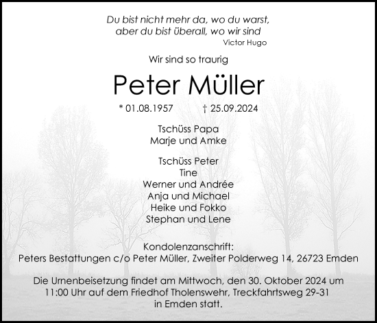 Traueranzeige von Peter Müller von Emder Zeitung