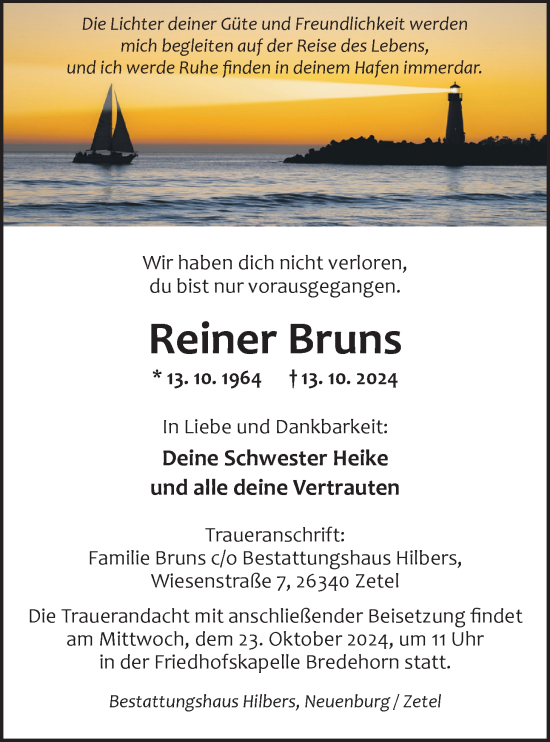 Traueranzeige von Reiner Bruns von Nordwest-Zeitung