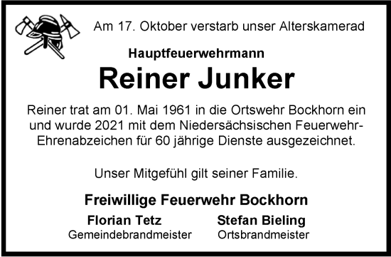 Traueranzeige von Reiner Junker von Nordwest-Zeitung