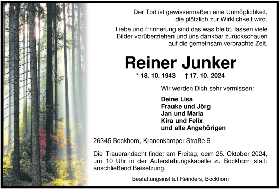 Traueranzeige von Reiner Junker von Nordwest-Zeitung