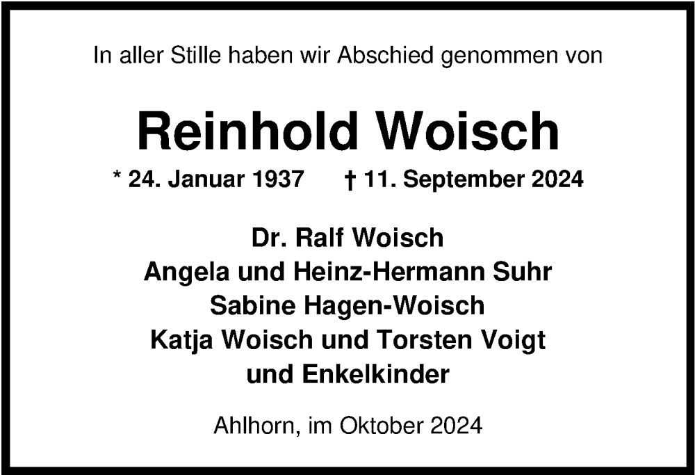  Traueranzeige für Reinhold Woisch vom 19.10.2024 aus Nordwest-Zeitung