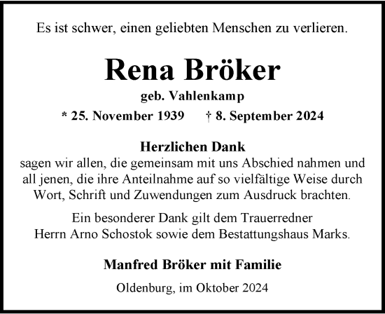 Traueranzeige von Rena Bröker von Nordwest-Zeitung