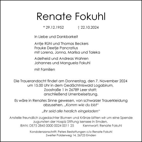 Traueranzeige von Renate Fokuhl von Emder Zeitung