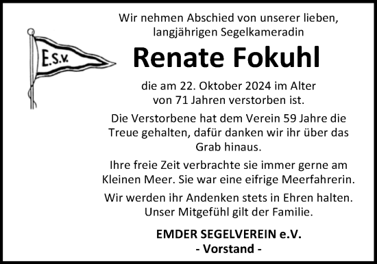 Traueranzeige von Renate Fokuhl von Emder Zeitung